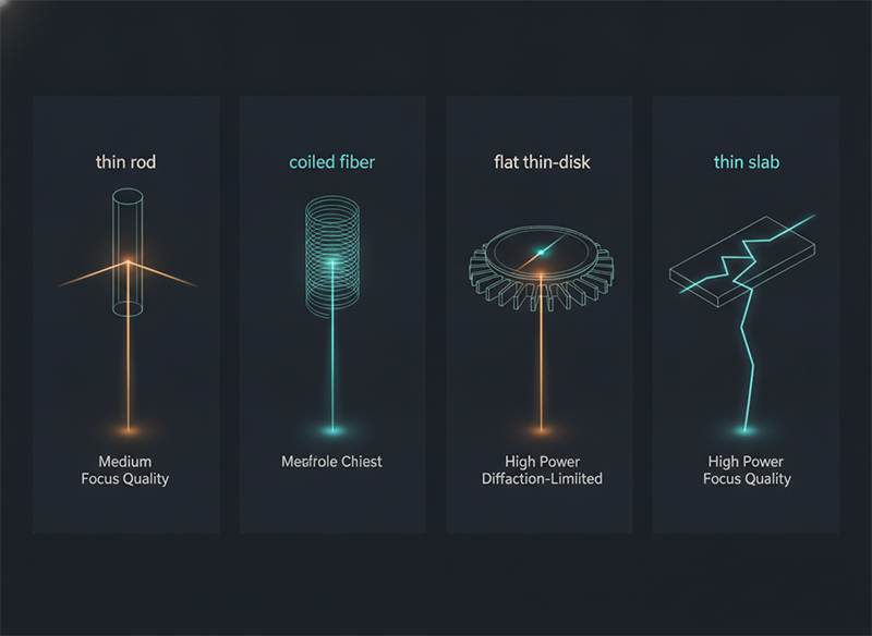 Comparison of rod, fiber, thin-disk, and slab laser amplifier architectures and how each holds beam quality at high power. Title:
