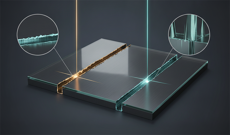 Workpiece comparison showing how degraded M² widens kerf, blurs fine features, and revives the heat-affected zone in laser micromachining. Title: