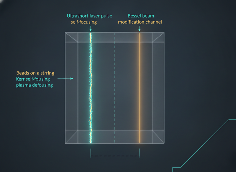 Filament and Bessel-beam formation inside glass, showing the long thin modification channel that guides an ultrafast laser cut.