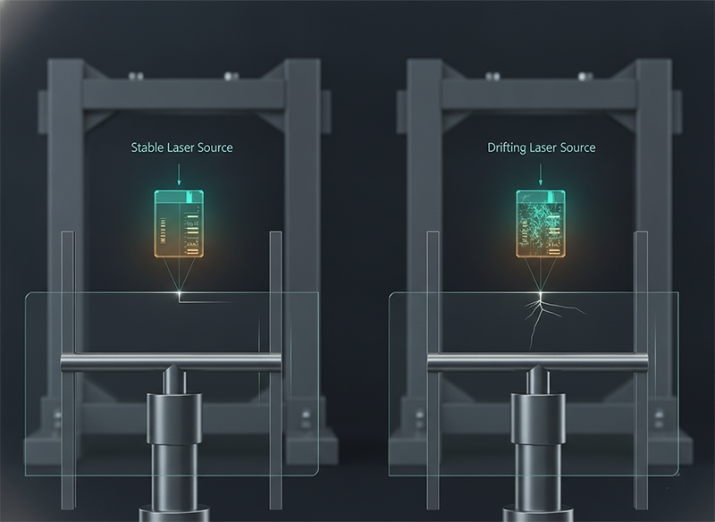 Four-point bend comparison of glass corners showing the laser source, not the machine, determines corner edge strength.