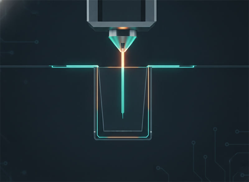 Beam-shaped ultrafast laser forming a C-chamfer beveled glass edge and the main cut in a single pass without grinding.
