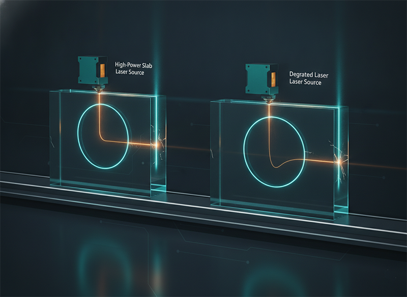 Uniform laser filament through thick glass at speed, enabled by a high-power source holding low M² focus through the contour.