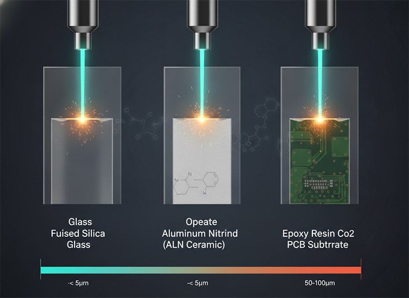 Cross-sectional comparison of ultrafast laser interaction with glass, ceramic, and organic substrates showing heat-affected zone depth and thermal distribution differences.