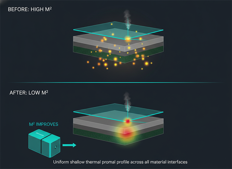 Thermal profile comparison showing how glass via drilling thermal byproduct affects ceramic and organic layers below, solved by unified light-source architecture.