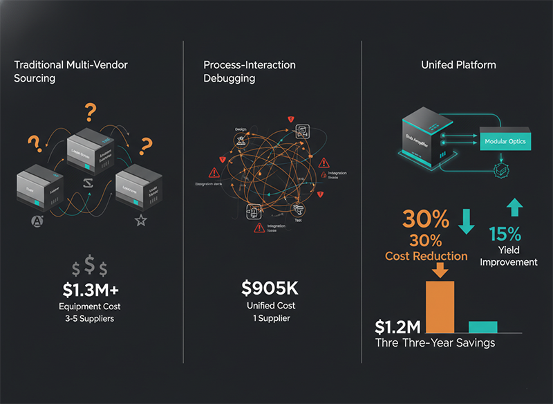 Cost-per-good-part analysis comparing fragmented multi-vendor sourcing versus unified light-source platform for advanced packaging across glass vias, ceramic edges, and organic cavities.