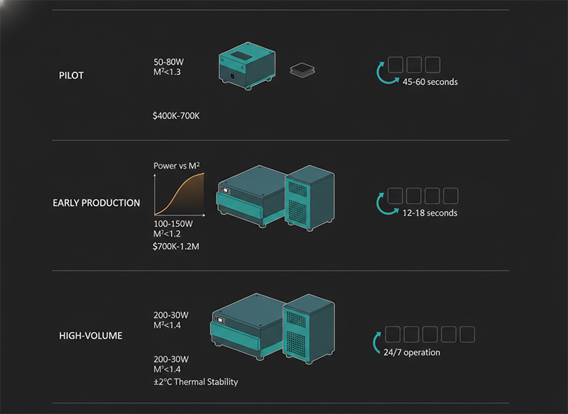 Three-stage laser architecture selection framework showing specifications, processing speed, and cost requirements for prototype, early production, and high-volume advanced packaging.
