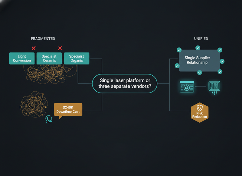 Sourcing decision framework comparing fragmented multi-vendor approach versus unified light-source platform strategy for advanced packaging lines.