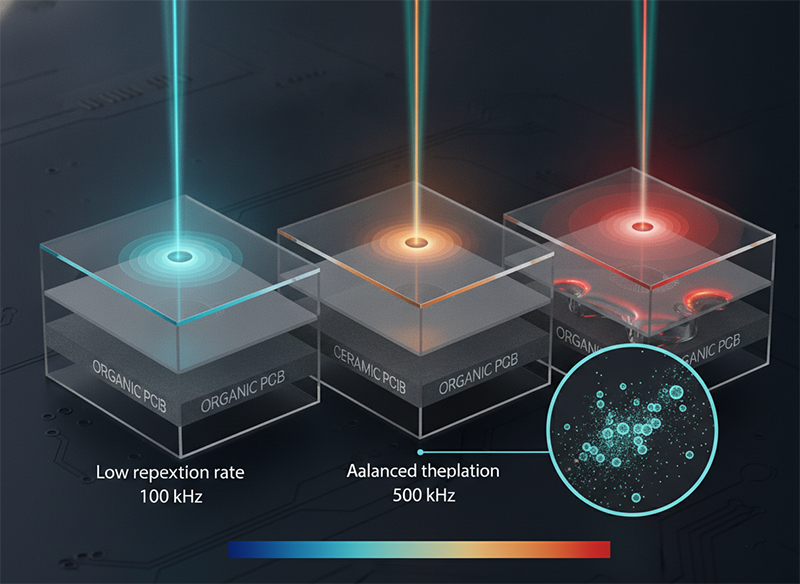 Cross-sectional comparison of ultrafast laser interaction with glass, ceramic, and organic substrates showing thermal profiles and heat-affected zone depths.