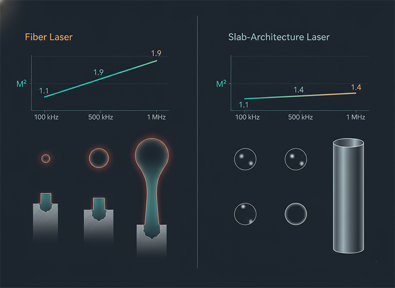 Beam quality (M²) stability comparison between fiber laser (degrading with repetition rate) and slab-architecture laser (stable across full spectrum).
