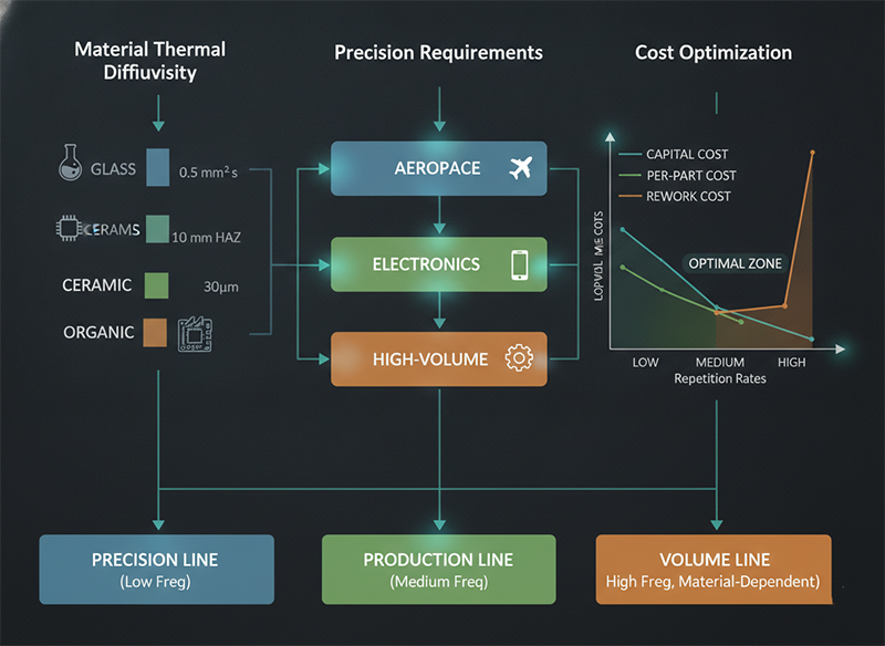 Decision framework flowchart showing how material thermal diffusivity, precision requirements, and cost targets determine optimal pulse repetition rate selection.