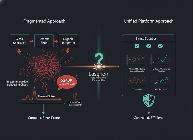Sourcing strategy comparison: fragmented multi-vendor approach versus unified light-source platform for advanced packaging integration.