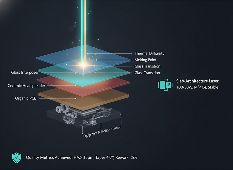  Integrated advanced packaging manufacturing system showing ultrafast laser light source as core asset with controlled thermal management across stacked materials.