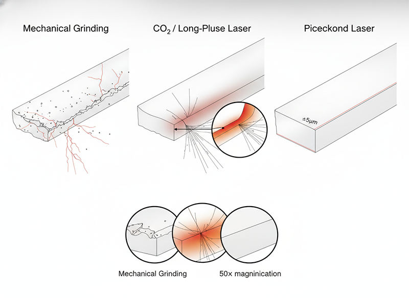 Three cutting methods for alumina ceramic—mechanical grinding (chipped edges), CO₂/long-pulse laser (thermal stress and micro-cracks), and picosecond laser (clean precision cut with no damage).