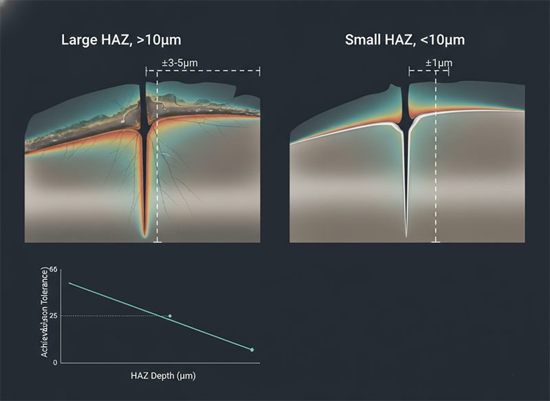 Heat-affected zone comparison in alumina ceramic laser cutting—large HAZ causing micro-cracks and recast (poor precision) versus small HAZ enabling ±1µm precision with clean edge profile.