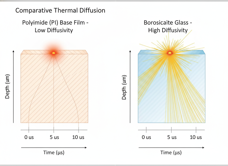 Side-by-side thermal diffusion comparison showing polyimide base film (left, low diffusivity, heat confined near surface) versus ceramic substrate (right, high diffusivity, heat spreads rapidly), illustrating why FPC materials require lower laser repetition rates than rigid substrates to maintain cold ablation.