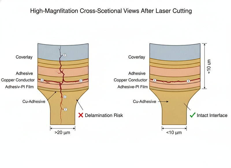 High-magnification cross-sectional comparison of nanosecond laser cut (left, wide HAZ >20 µm, visible interface delamination and thermal stress) versus picosecond laser cut (right, narrow HAZ