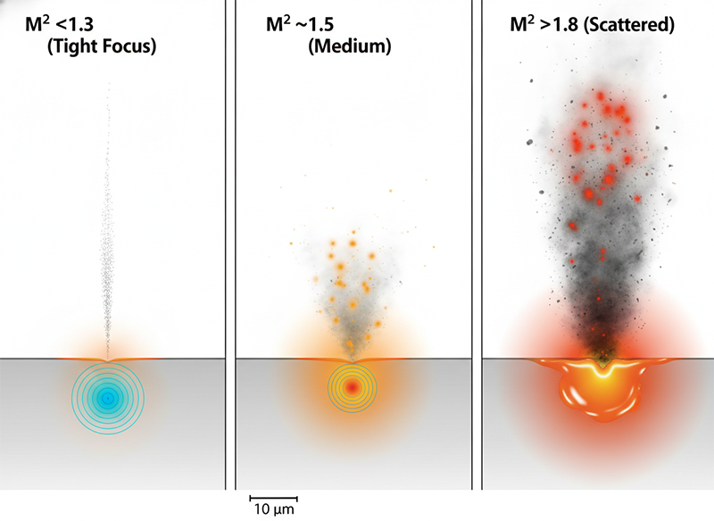 Three-panel comparison of focal spot intensity distribution and thermal effect: tight picosecond beam (M² <1.3) achieves cold ablation with minimal heating; medium beam quality (M² ~1.5) shows moderate thermal accumulation; scattered nanosecond beam (M² >1.8) produces thermal ablation with extensive heating and melting.