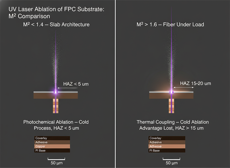Side-by-side comparison of UV 355nm laser cold ablation under M² 1.3 (slab architecture, tight focus, photochemical ablation, HAZ <5 µm) versus M² 1.7 (fiber under thermal load, diffuse focus, thermal coupling begins, HAZ >15 µm), showing that cold ablation advantage depends on M² stability, not wavelength alone.