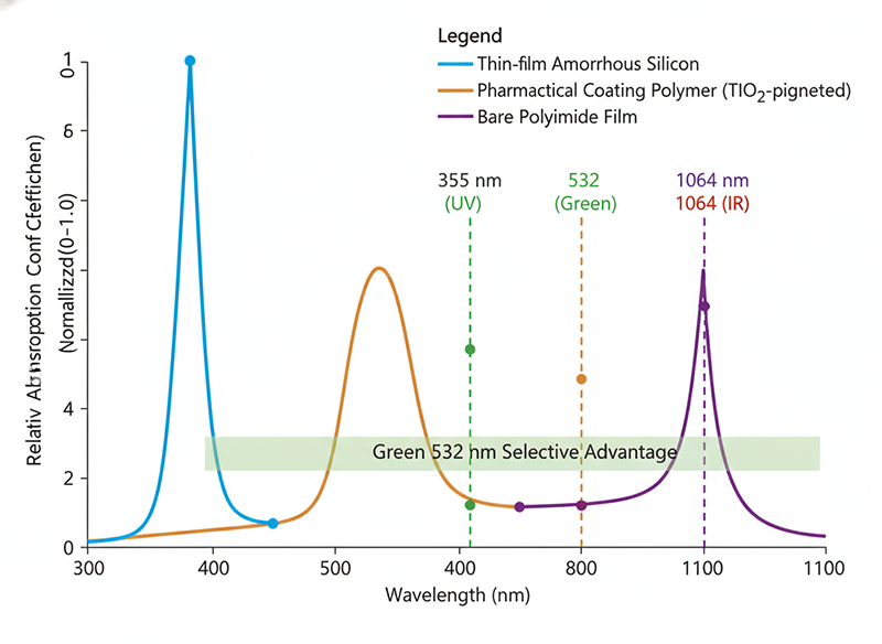 Material absorption spectrum showing relative absorption coefficients for thin-film silicon, pharmaceutical coatings, and polyimide across 300–1100 nm wavelength range, with 355nm UV, 532nm green, and 1064nm IR marked as reference lines, highlighting the narrow wavelength window where green laser offers selective absorption advantages over UV and IR alternatives.