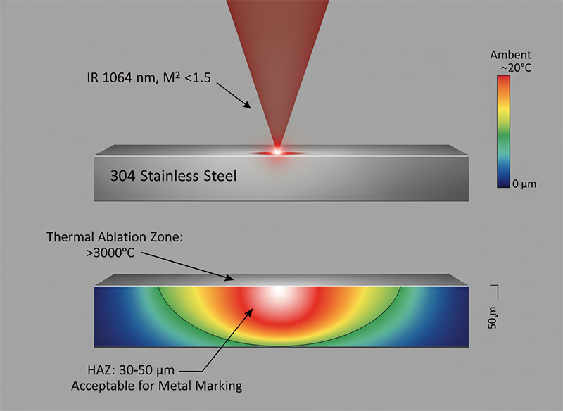 Cross-sectional thermal heatmap of IR 1064nm laser interaction with stainless steel, showing thermal ablation zone at focal point and heat-affected zone (HAZ) extending 30-50 µm laterally — illustrating that controlled thermal processing is the correct mechanism for metal marking applications where HAZ tolerance is acceptable.