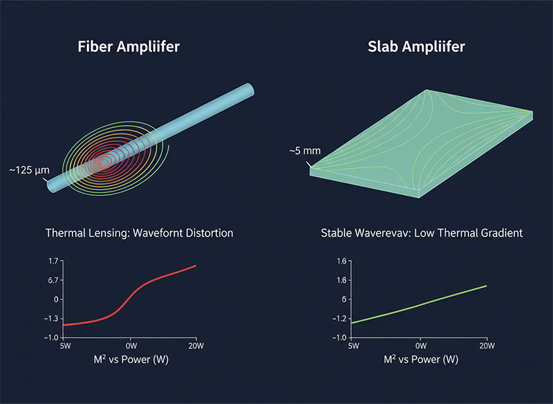 Engineering comparison of fiber amplifier (small cross-section, high thermal gradient, wavefront distortion, M² rising from 1.3 to 1.7 at 20W) versus slab amplifier (large surface area, distributed heat, stable wavefront, M² held at 1.25–1.35 across full power range), showing why amplifier architecture determines M² stability at production power levels.