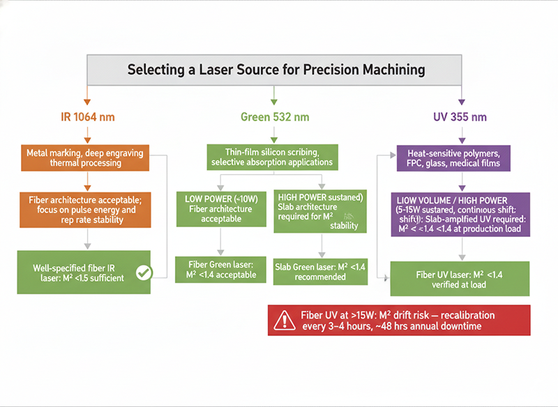 Decision flowchart for laser source selection across IR 1064nm, green 532nm, and UV 355nm wavelengths, showing that while IR fiber architecture is sufficient for metal marking, high-power UV and green applications above 15W sustained output require slab amplifier architecture to maintain M² stability below 1.4 and avoid 48-hour annual downtime from thermal drift recalibration.