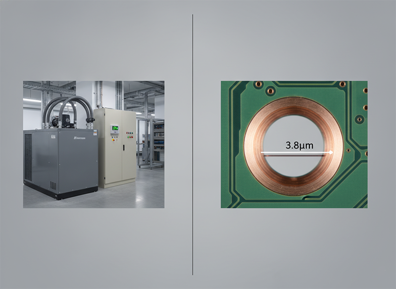 Side-by-side comparison of industrial chiller and power meter representing average power as a facilities parameter, versus optical microscope microvia cross-section showing HAZ measurement as the true process-relevant metric