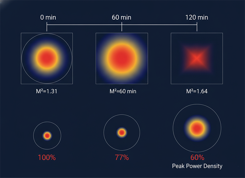 Time-series visualization of M² drift in a fiber amplifier from 1.31 at cold start to 1.64 after 120 minutes, showing corresponding peak power density reduction to 60% at focus — illustrating why cold-start M² specifications do not represent production operating conditions