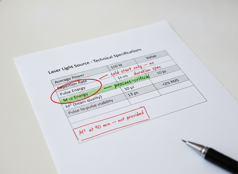 Annotated laser light source datasheet showing pulse energy highlighted as the process-critical parameter, M² flagged as cold-start measurement only, and missing sustained operating M² data marked as absent