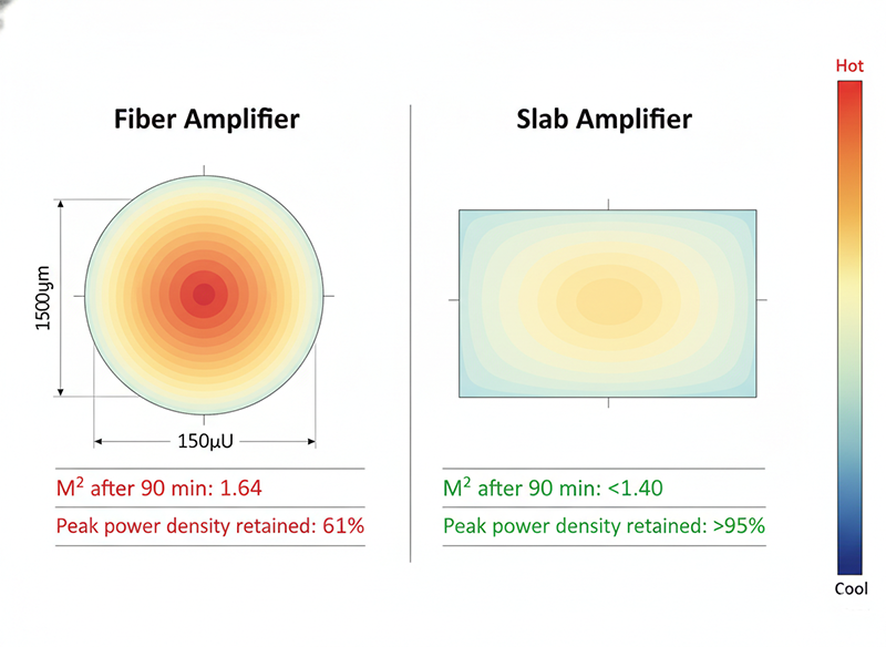 Engineering cross-section comparison of fiber amplifier versus slab amplifier thermal gradient profiles, showing steep radial heating in fiber geometry causing M² drift to 1.64, versus shallow uniform gradient in slab geometry maintaining M² below 1.40 after 90 minutes of operation