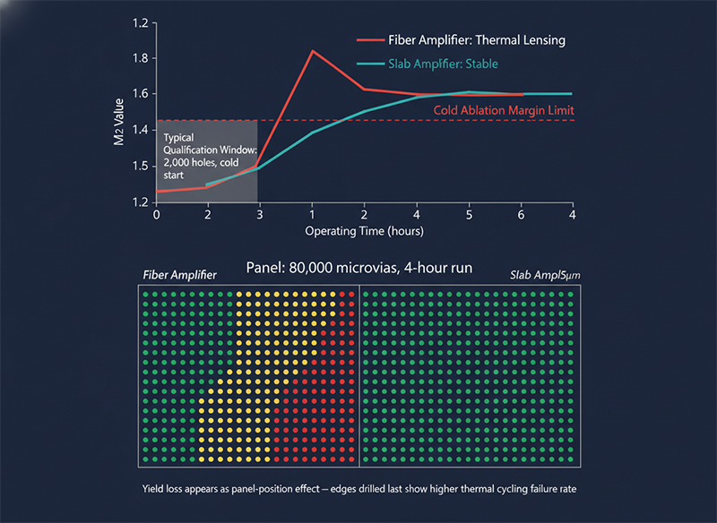 Dual visualization showing M² drift over 4-hour continuous operation (fiber amplifier rising from 1.25 to 1.75 versus slab amplifier stable at 1.3–1.35) and corresponding via quality distribution across an 80,000-hole HDI panel (fiber: first 20% clean, last 40% with HAZ >8µm and recast layer; slab: uniform quality throughout), demonstrating why qualification tests at cold start with 2,000 holes fail to predict production yield.