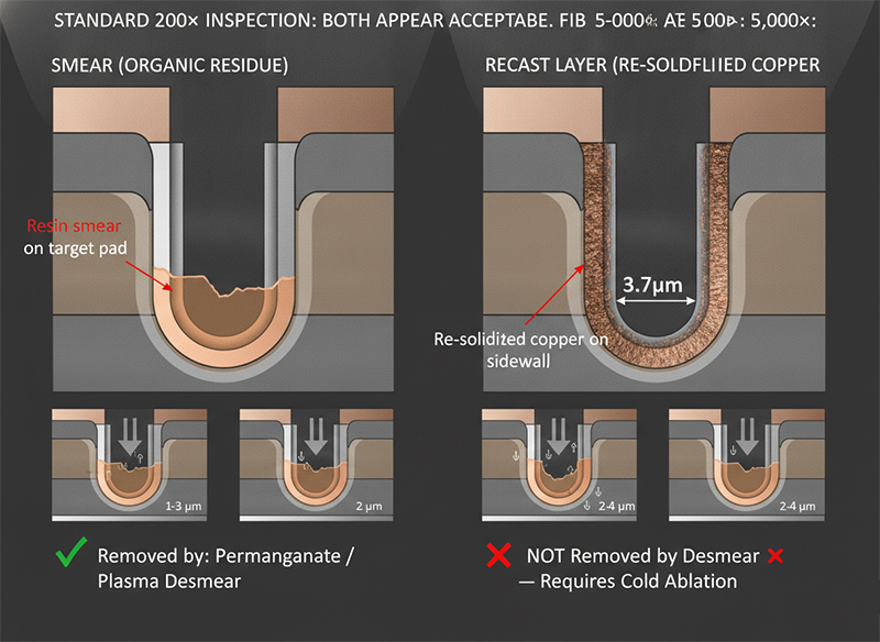 Two-panel diagram distinguishing HDI microvia failure modes: smear (organic resin residue on copper target pad, removed by desmear chemistry) versus recast layer (re-solidified copper on via sidewalls, immune to desmear, requires cold ablation prevention), showing why standard inspection at 200× misses recast layer while FIB cross-section at 5,000× reveals it.