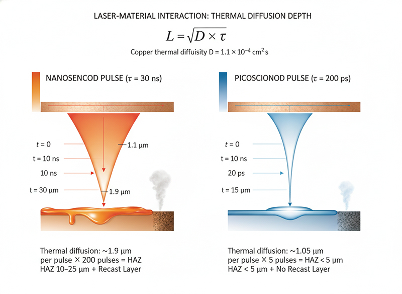 Physics diagram comparing thermal diffusion depth during nanosecond (30ns, L≈1.9µm per pulse, 200 pulses, cumulative HAZ 10–25µm, molten copper recast) versus picosecond (200ps, L≈0.15µm per pulse, 5 pulses, HAZ <5µm, direct sublimation, no recast layer), using the formula L=√(D×τ) to show why nanosecond pulse duration makes sub-5µm HAZ physically impossible on copper.