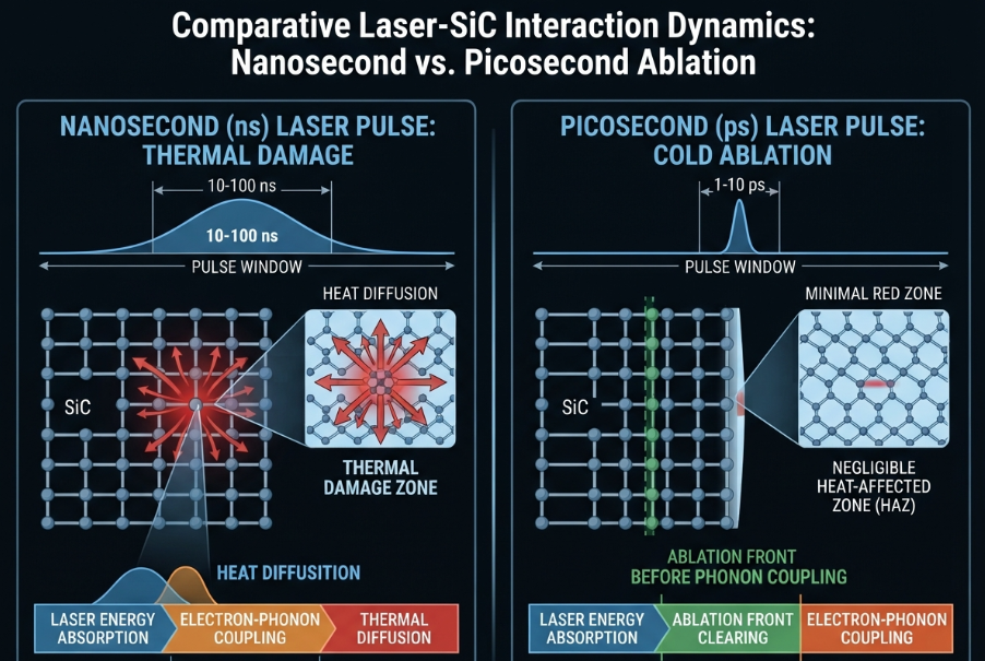 A split-panel physics diagram comparing nanosecond and picosecond laser pulse timelines relative to SiC phonon relaxation time, showing how pulse duration determines heat-affected zone and cold ablation in wafer marking.