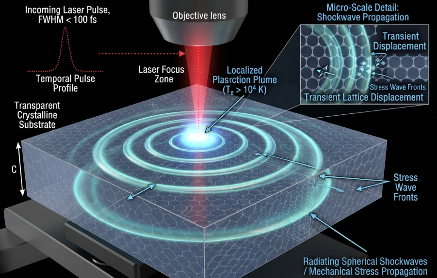 A technical 3D illustration of an ultrafast laser pulse creating a localized plasma plume and emitting mechanical shockwaves into a crystalline substrate, visualizing stress rather than heat.