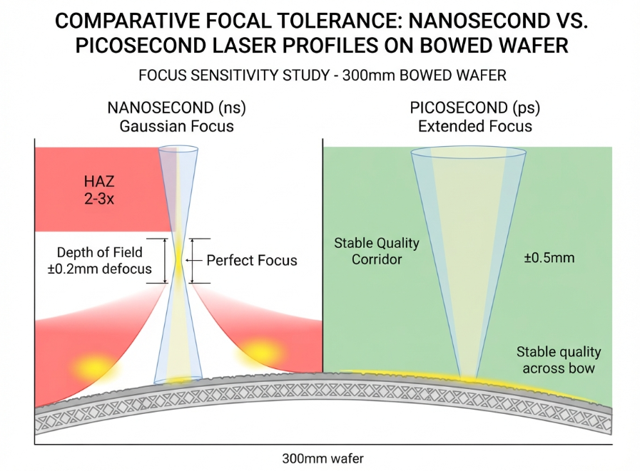 A technical cross-section diagram comparing nanosecond and picosecond laser focal depth tolerance over a bowed 300mm wafer, showing how pulse duration determines autofocus system complexity and HAZ risk.