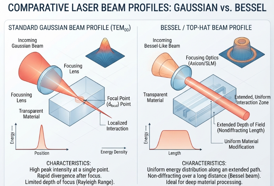 A split-screen diagram comparing a sharp, steep Gaussian laser beam profile to a flat, elongated top-hat/Bessel beam profile, illustrating the flattening of the axial energy gradient.