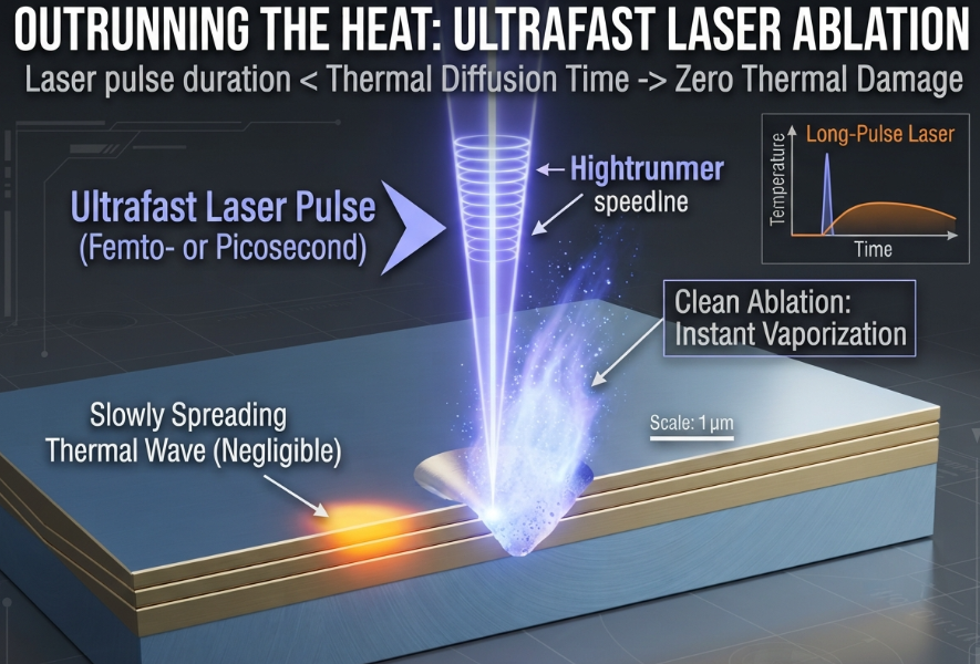 A technical 3D illustration of an ultrafast laser pulse vaporizing material instantly, visually outrunning the slower thermal diffusion wave to achieve a zero-damage mark.