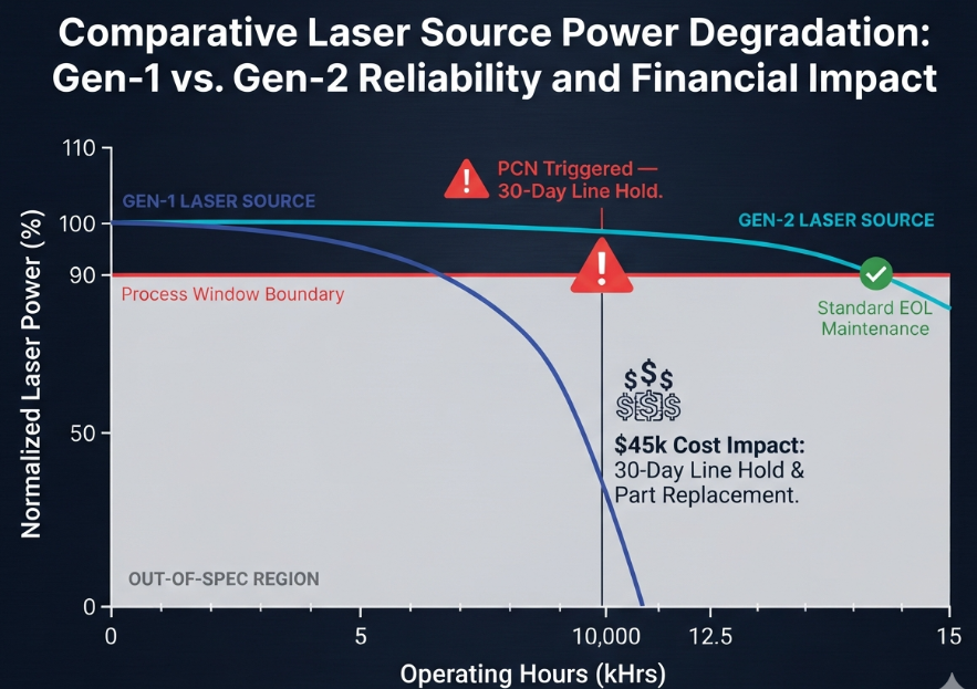 A data visualization chart showing two laser source output power degradation curves over 15,000 operating hours, with a process window boundary threshold illustrating when power drift triggers PCN re-qualification and production line hold.