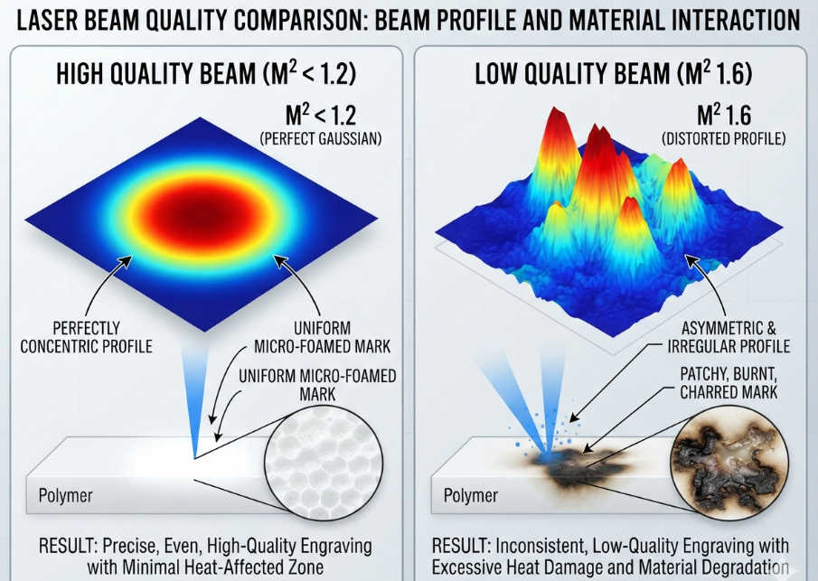 A split-screen diagram comparing the effect of beam quality (M²) on laser marking, showing a uniform micro-foamed mark from a high-quality beam versus a patchy, burnt mark from a poor-quality beam.