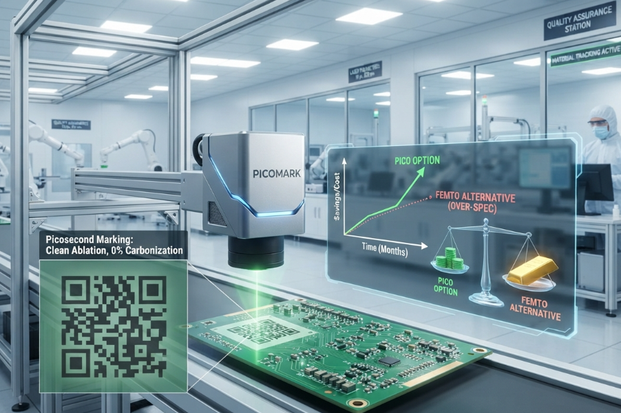 A picosecond laser marking a clean QR code on a green FR4 PCB with a digital ROI overlay, illustrating the cost-efficiency of picosecond lasers over redundant femtosecond alternatives.