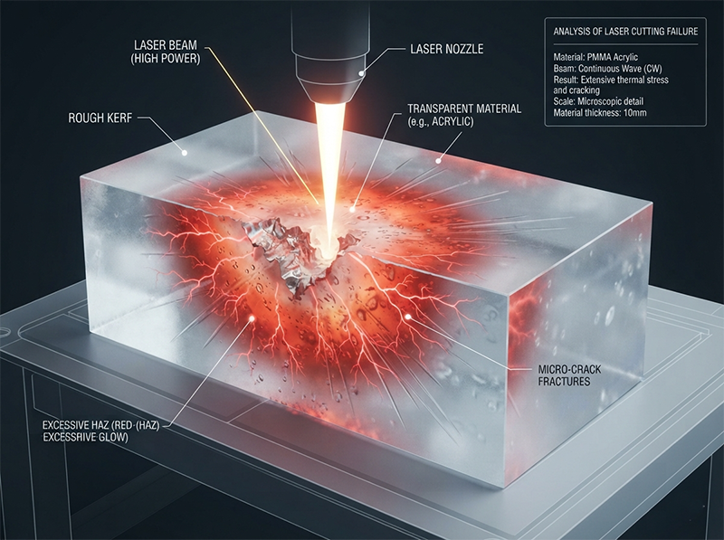 A technical diagram illustrating the physics of failure in high-power laser cutting, showing a large Heat-Affected Zone (HAZ) and micro-cracks forming around the cut line due to thermal accumulation.