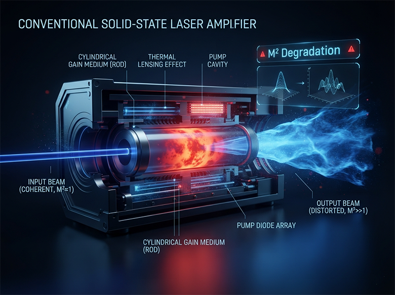 A schematic diagram showing thermal lensing inside a laser. A perfect beam enters a hot gain medium and exits distorted, visually explaining how M² beam quality degrades at high power.