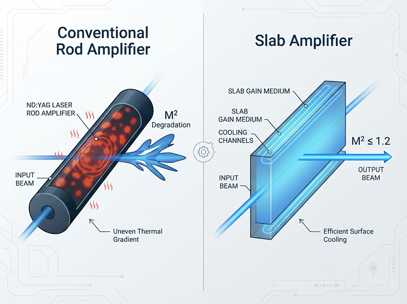 An infographic comparing a conventional rod amplifier with a slab amplifier. The slab amplifier demonstrates superior heat management, preventing beam distortion and maintaining a stable M² value at high power.