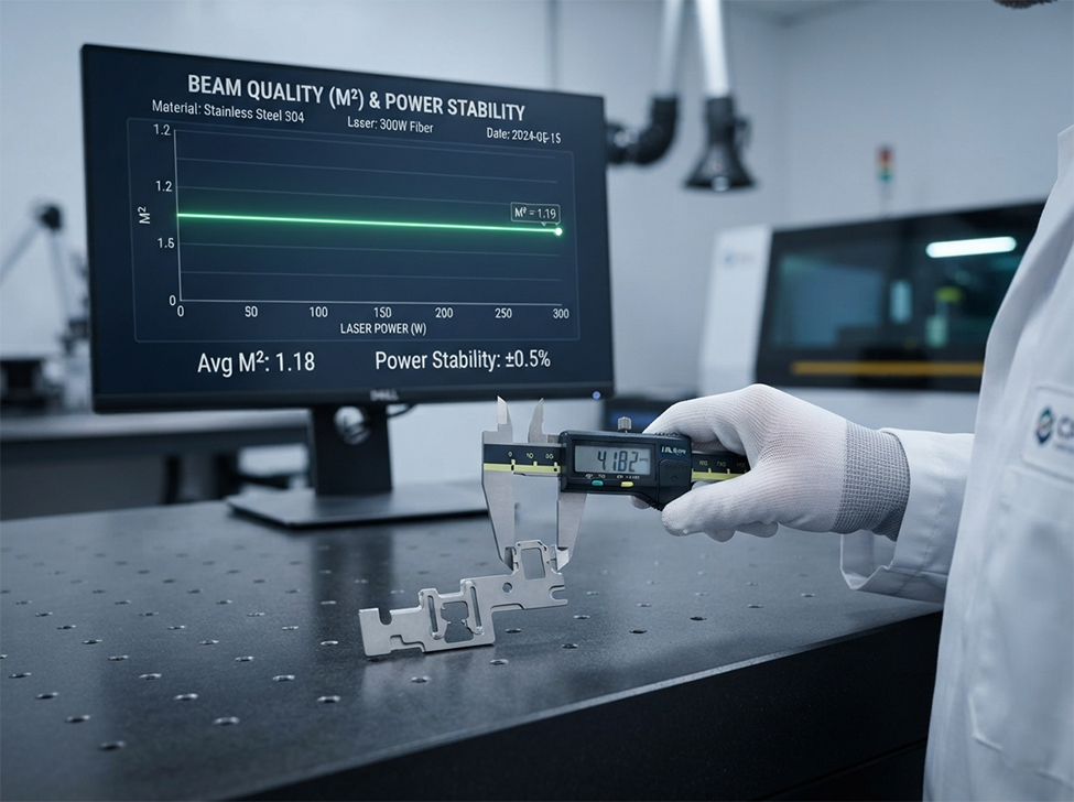 An engineer measures a precisely cut part, with a monitor in the background showing a graph of stable M² beam quality at 300W, representing a smart purchasing decision based on performance data.