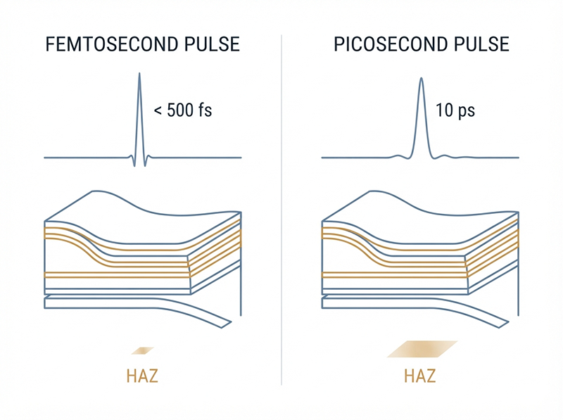 Side-by-side diagram comparing heat-affected zone size between femtosecond and picosecond laser pulses on an OLED panel cross-section, showing near-equivalent HAZ at typical production tolerances