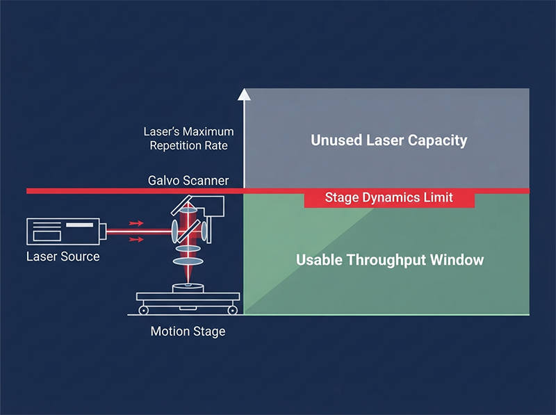 Infographic showing how motion stage dynamics create a throughput ceiling that limits usable laser repetition rate on small OLED parts regardless of laser source peak specification