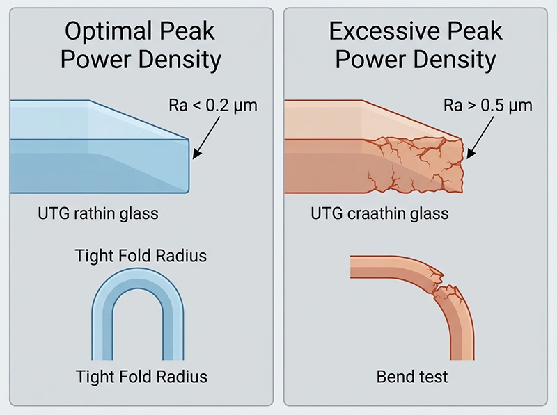 Diagram comparing cut-edge surface roughness and foldable glass bend strength outcomes between optimal and excessive peak power density in ultrafast laser processing of ultrathin cover glass