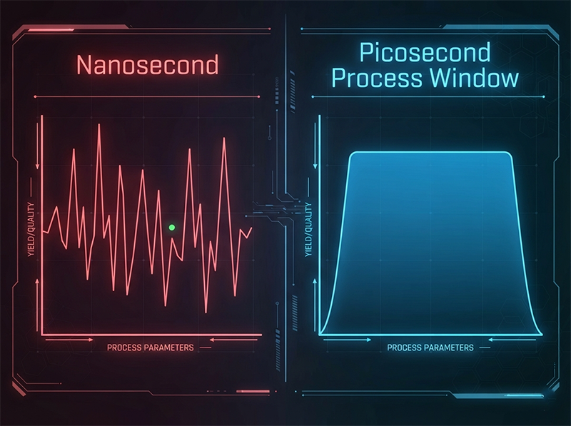 A diagram comparing two process windows: one narrow and unstable labeled 'Nanosecond,' and the other a wide, stable plateau labeled 'Picosecond Process Window,' illustrating increased process stability.
