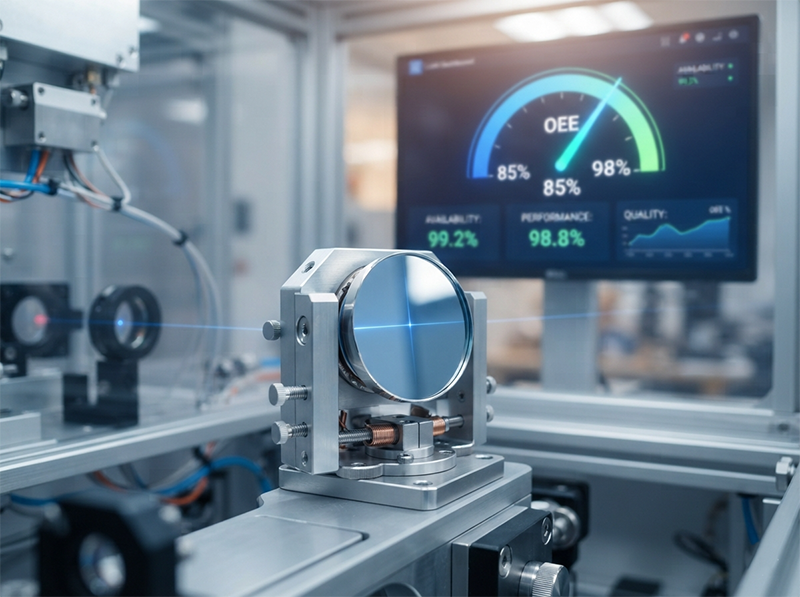 A clean laser optic inside a machine, with a background dashboard showing the OEE metric increasing to 98%, symbolizing how less debris leads to higher equipment effectiveness.